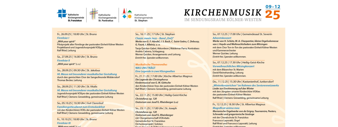 Kirchenmusik im Sendungraum: Neues Programm September bis Dezember 2025